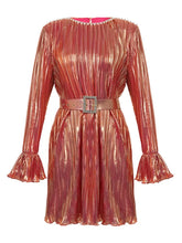 Metallic Copper Pleated Flare Belted Mini Dress